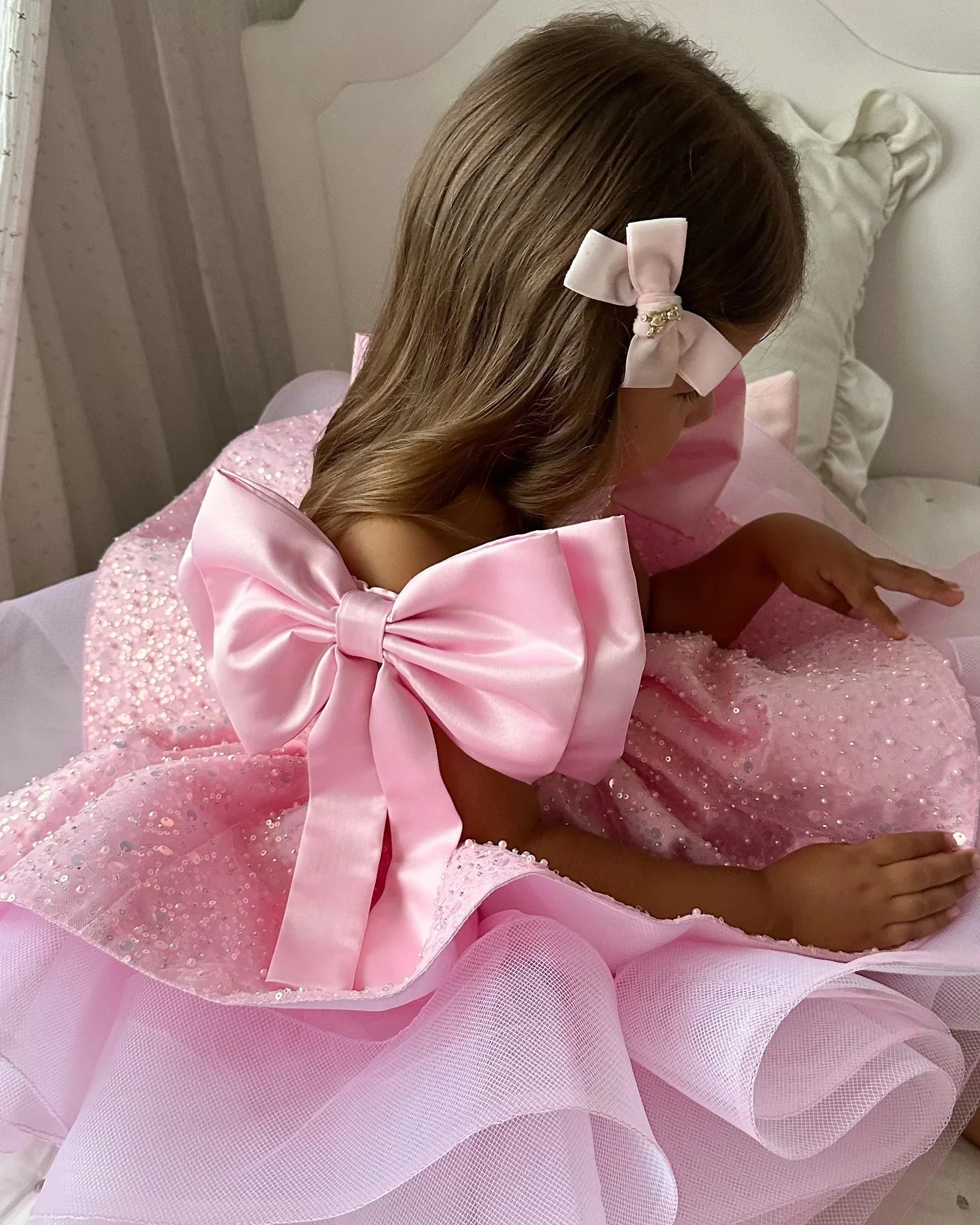 Flower Girl Dresses For Wedding Sequins Bow Knee Length Princess Birthday Party First Communion Gown