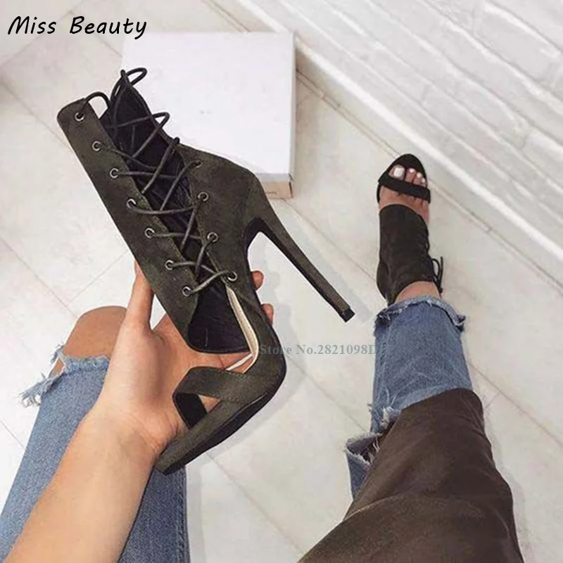 

Black Suede Leather Lace Up Strap Cutout Open Toe High Heel Sandals Sexy Ankle Boots Women Biker Sandal Boot