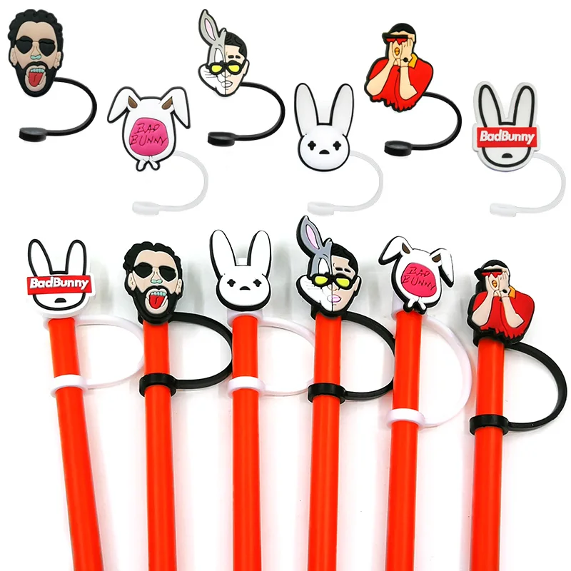 PVC 나쁜 토끼 빨대 토퍼, 재사용 가능, 유출 방지, 음료 컵, 방진 장식, 크리에이티브 레인보우 빨대 커버, 8 개