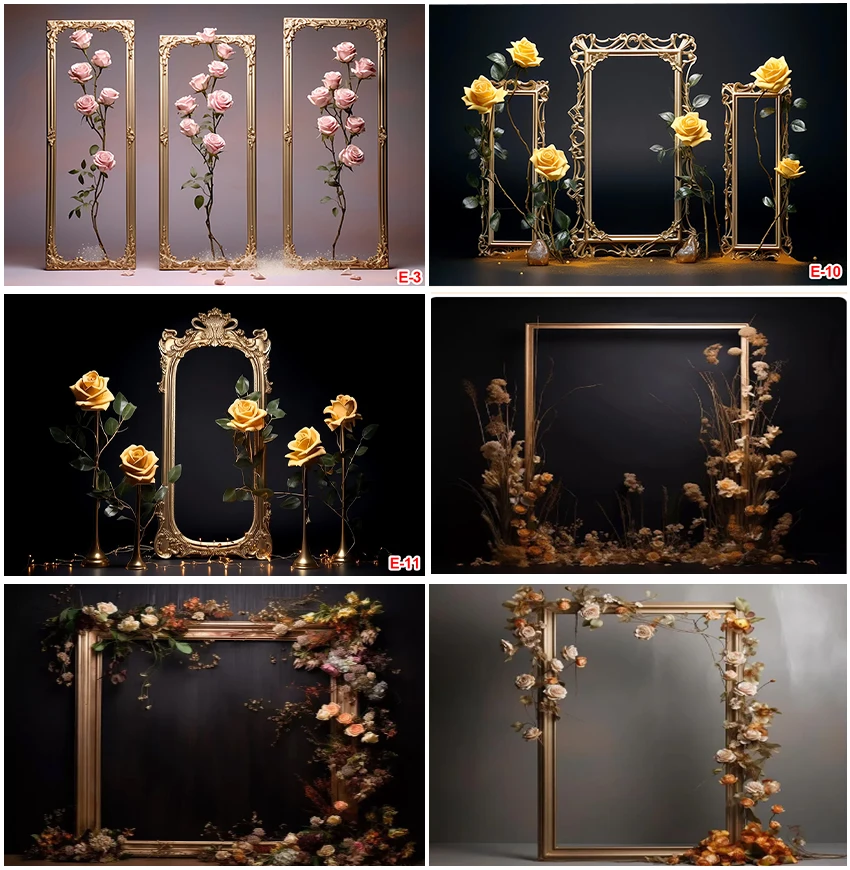 

Photographic Retro Vintage Golden Frame Floral Flowers Backdrops Adult Maternity Portrait Wedding Party Backgrounds Banner Props