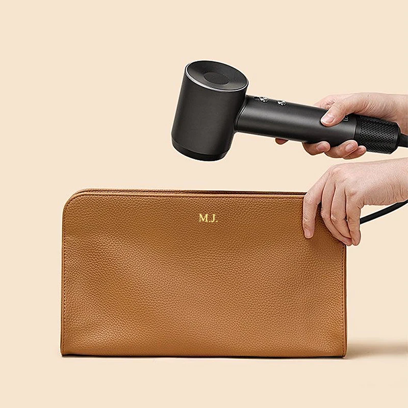 Custom Name Soft PU Leather Hair Dryer Storage Bag Personalized Travel Large Capacity Curling Iron Bag Woman Luxury Cosmetic Bag 3