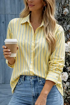 Women's Yellow Striped Button Down Shirt Casual Long Sleeve Blouse Top 1
