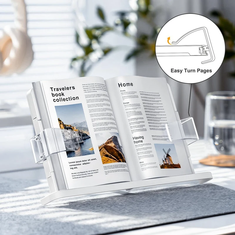 Hands-Free Book Stand-Adjustable, Expandable Holder For Comfortable Reading-90&deg; Angle, Transparent Page Clips Easy To Use
