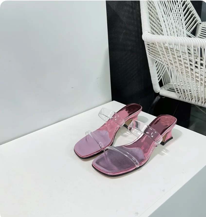 Summer New Fashionable Square Headed Middle Heel Slippers for Women, Genuine Leather Sole, Thick Heel, Open Toe Slippers