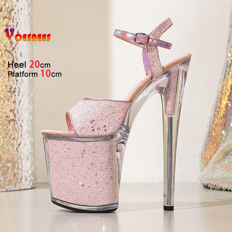 Pink Ankle Strap Platform Sandals 20CM Super High Heel Glitter sequin Crystal Model Catwalk Show Shoes Summer Pole Dance Heels