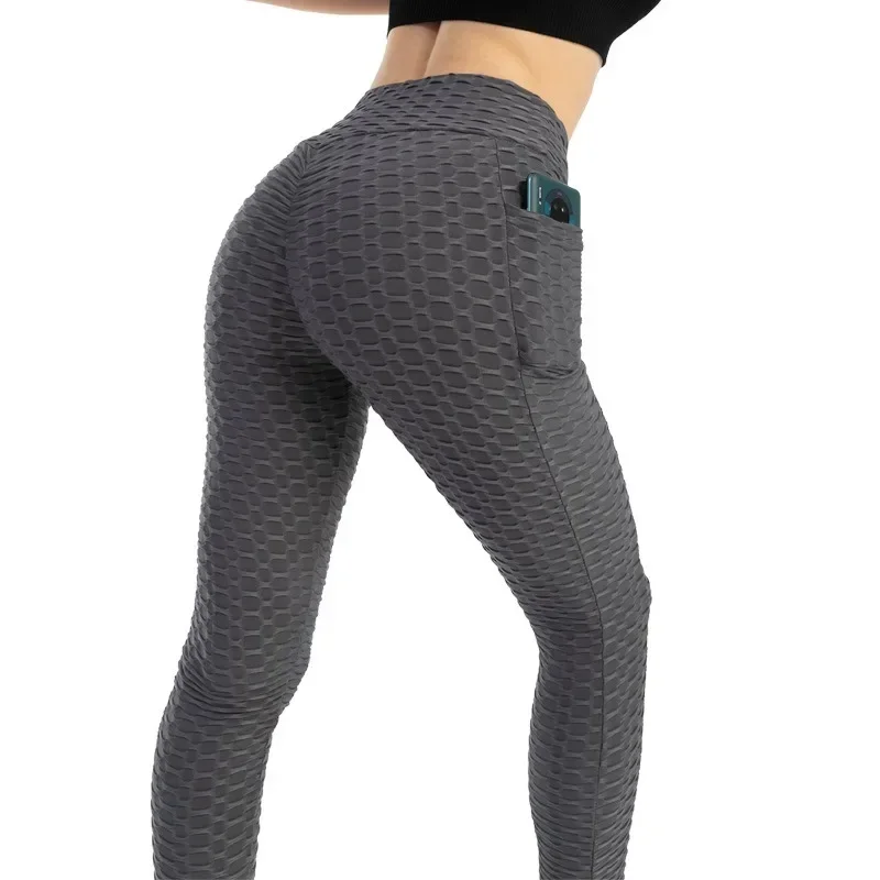 Women Fashion Pocket Bubble Pants Stretchy Slim Leggings Gym Running Cycling Fitness Pants High Waist Hip Lift Leggings Female 3