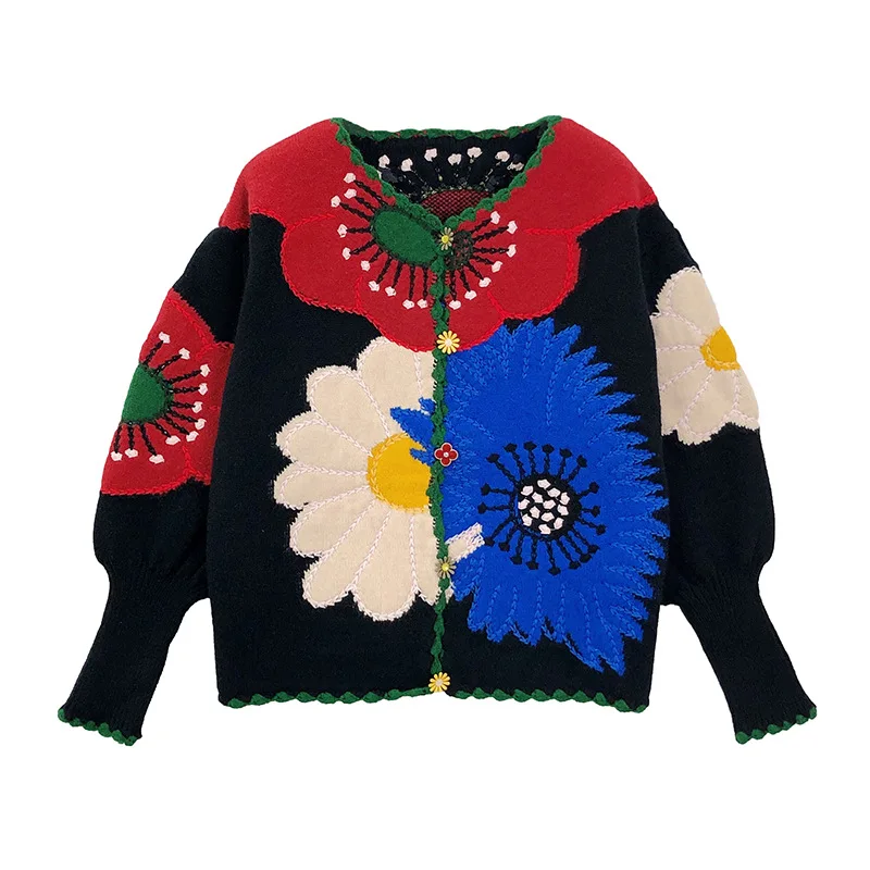 

New Knit Cardigan Luxury Women Sweater Vintage Handmade Embroidery Flower Cardigans Knitwear Coat Korea Women's Autumn Clothing