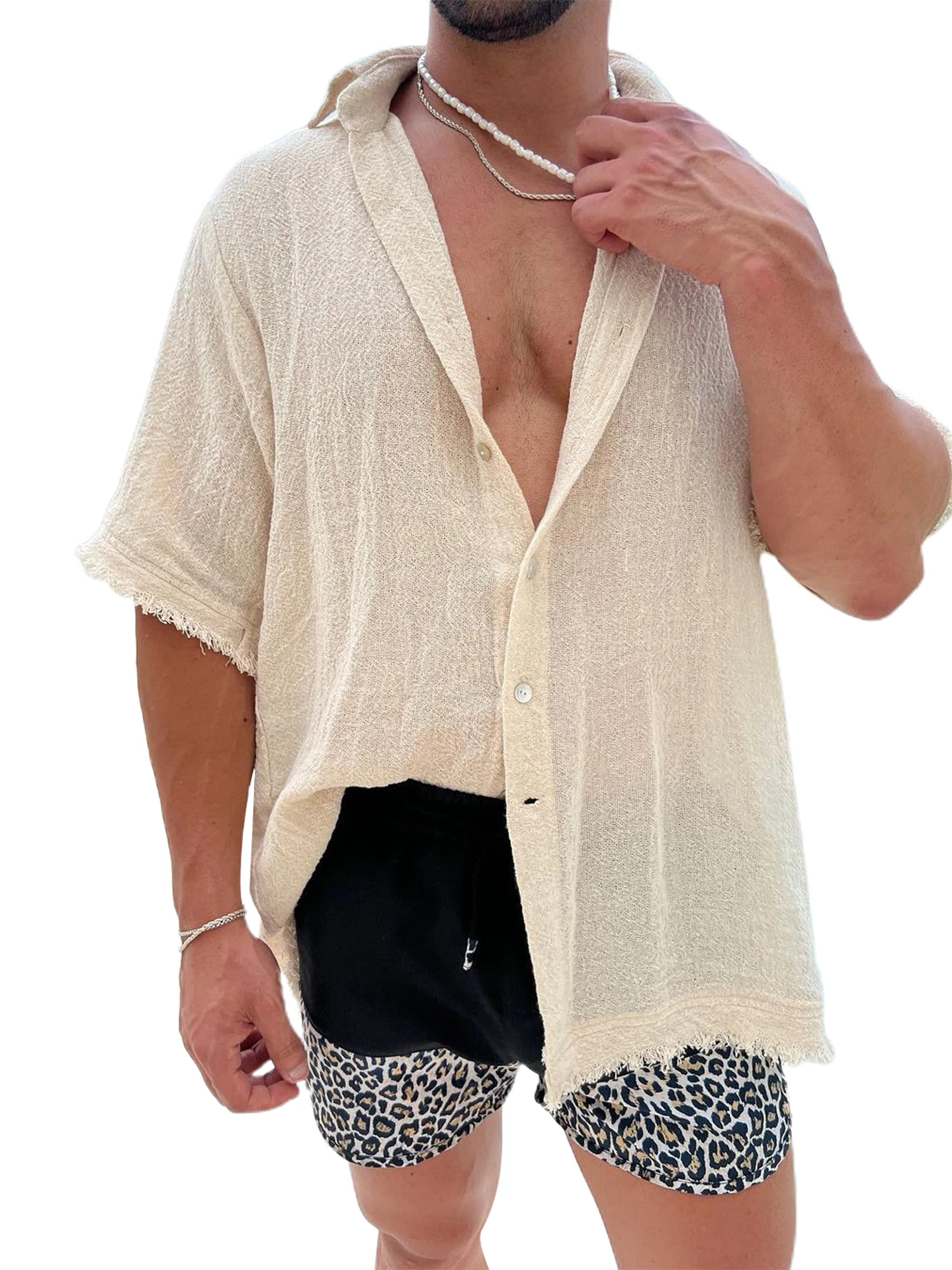 

Men s Solid Color Button-Down Short Sleeve Beach Shirt with Turn-Down Collar - Stylish Summer Casual Top for Holiday