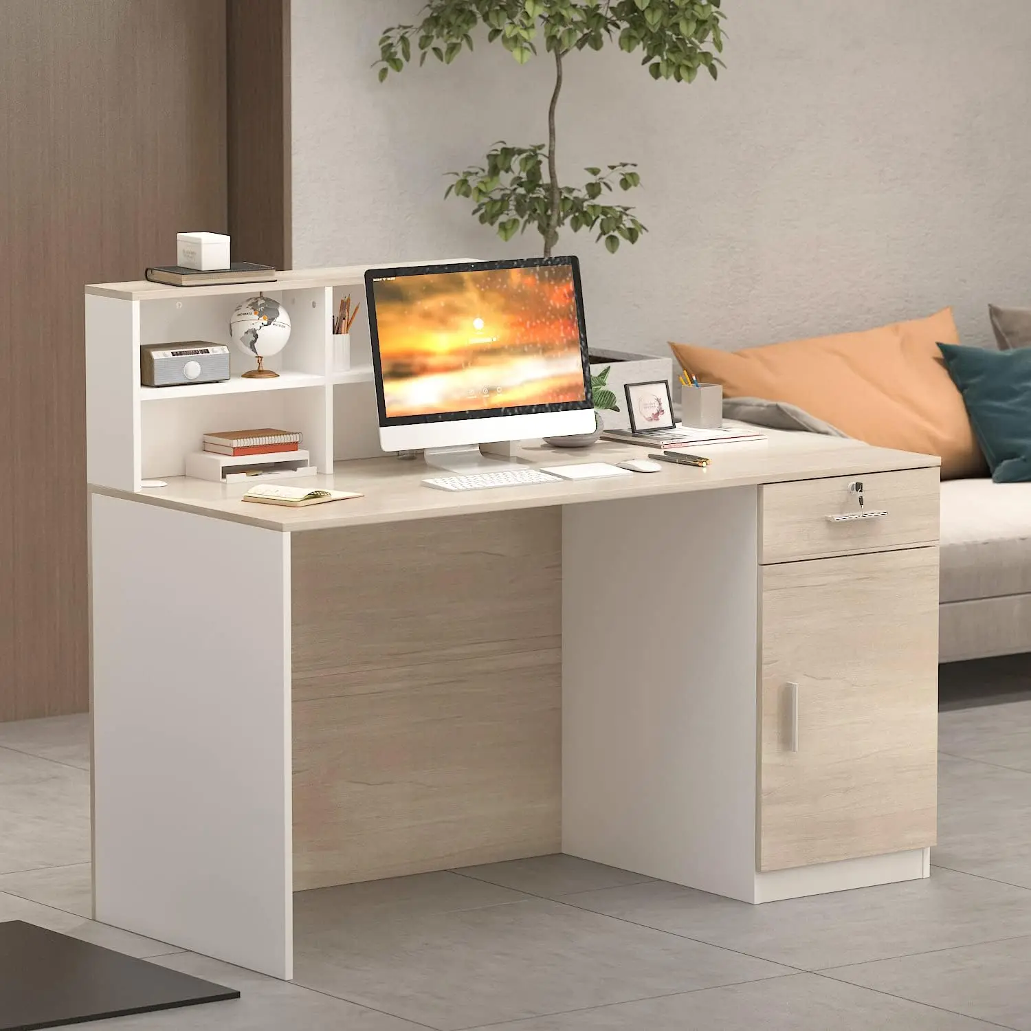 AIEGLE Reception Desk with Counter & Lockable Srotage Drawers, for Salon Reception Room Checkout Office, Natrual (55.1" L x 23.6