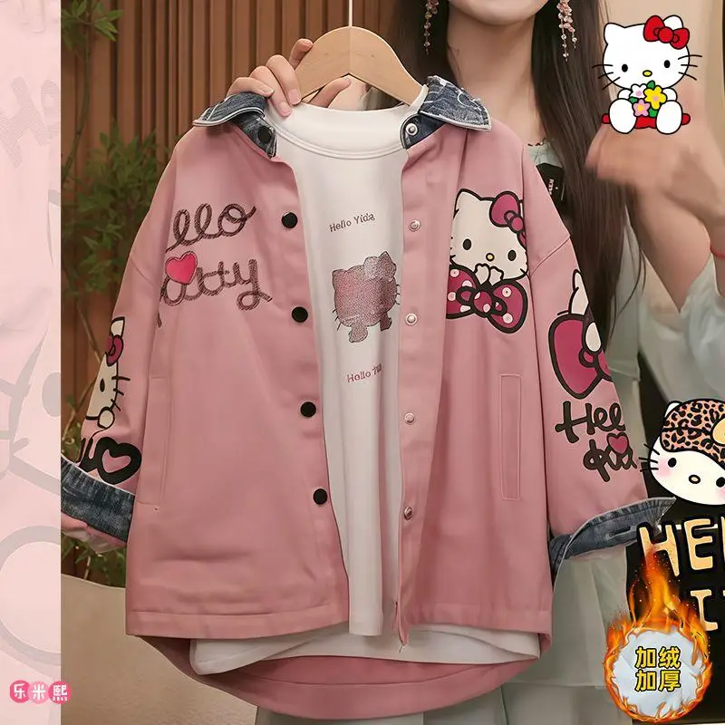 Sanrio 헬로 키티 청소년 겨울 코트 카와이 Y2K 애니메이션 아동 의류 어린이 경량 캐주얼 스트리트웨어 따뜻한 양털 재킷
