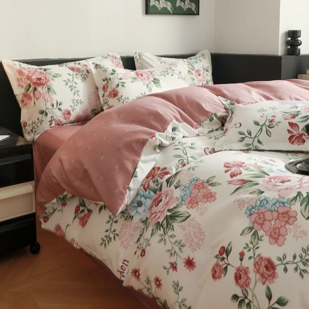 

Home Textile Spring Printed Bedding Set, Single, Double, Queen Size, Flat Sheet, Duvet Cover, Pillowcase, Bed Linens, Fashion