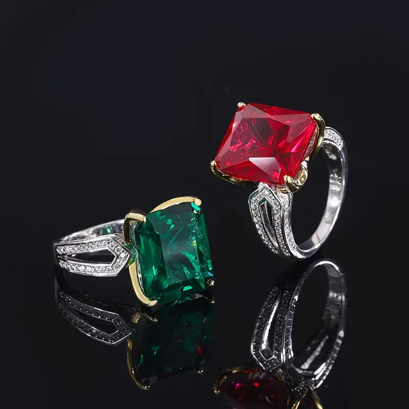 S925 Imitation Silver Colorful Treasure Green Pigeon Blood Red Long Ring Main Stone 12 * 14 Wedding Ring Jewelry Ladies