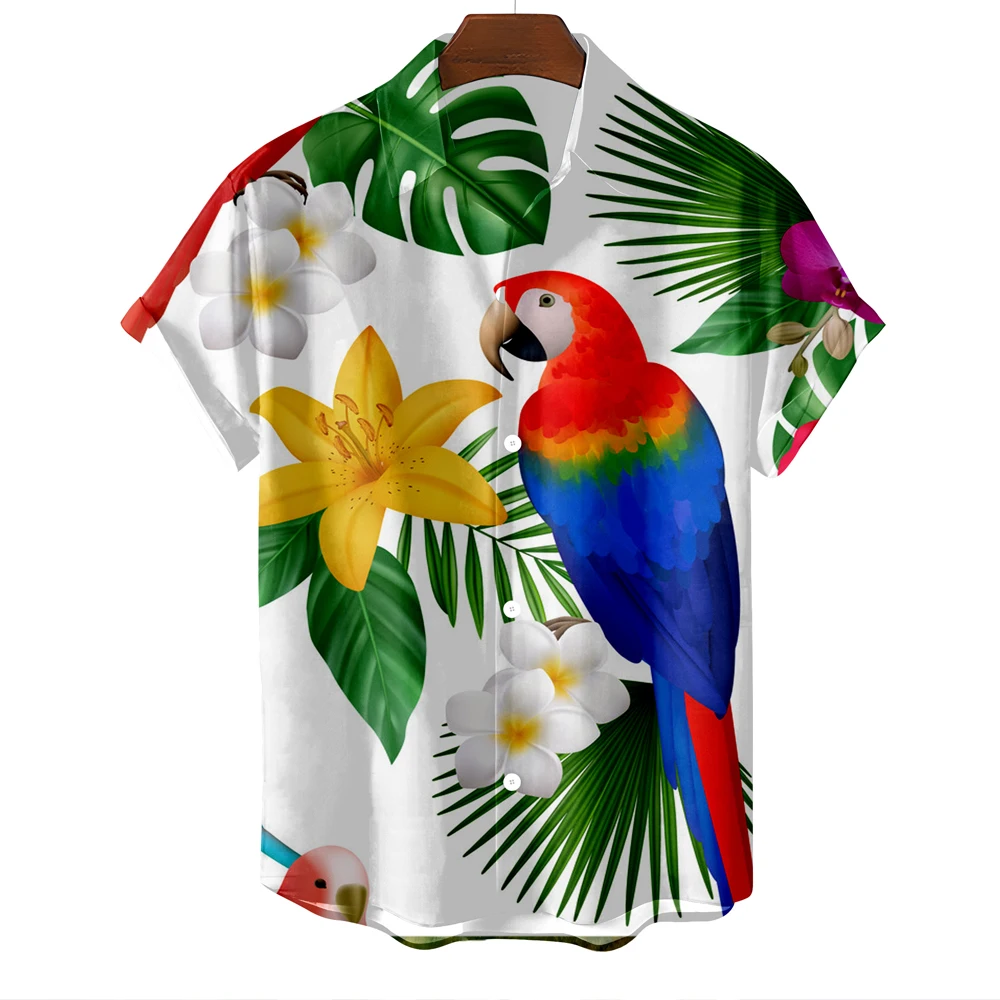 Hawaiian Men's Shirt Flamingo Pattern Anime Tropic Floral Casual 3D Printed Fashion Short Sleeve Beach Clothes Top Oversized