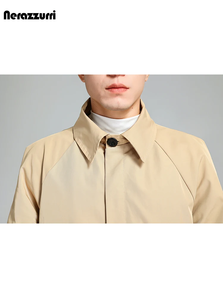 Nerazzurri Spring Autumn Long Soft Khaki Trench Coat Men with Turn-down Collar Single Breasted Casual Mens Clothes Overcoat