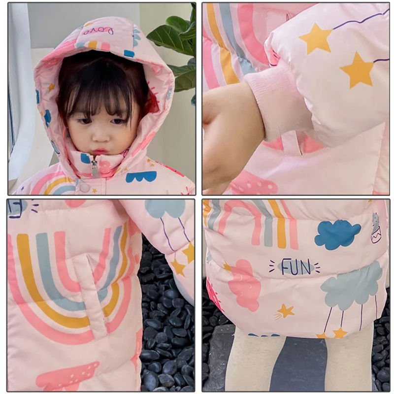 Winter Long Style Boys Girls Down Jackets Keep Warm Cotton Coat Autumn Hooded Windbreaker Outerwear for 2-7 Years Kids Clothes