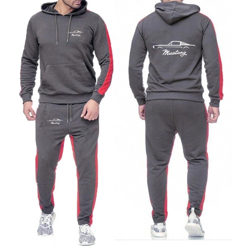 2023 Mustang logo spring and autumn printing solid color sports personality suit men's hooded hoodie+casual sweatpants suit