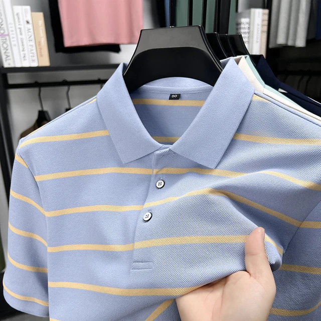 Polo a rayas para hombre, camiseta informal de punto Piqué elástico transpirable de verano de manga corta de algodón