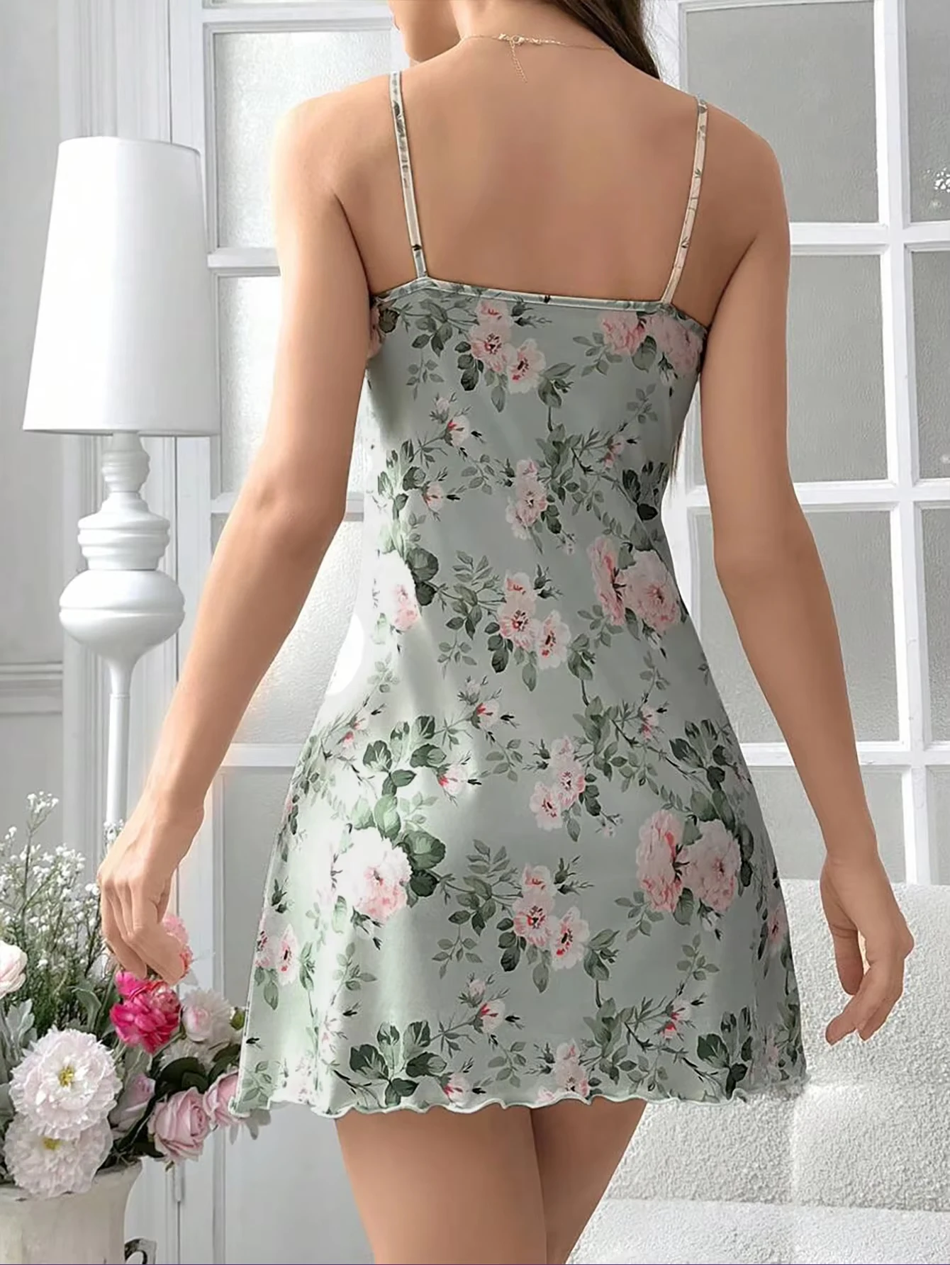 Summer Sleepwear Women' Green Floral Print Nightdress Vintage Sleeveless Slip Sleep Dress Breathable Nightgown Fashion Home Wear - 2
