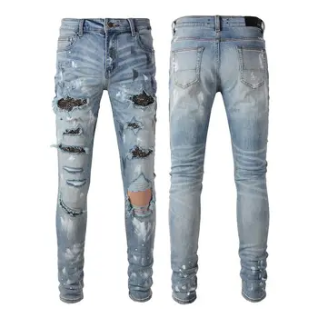 2025 Men's Diamond-encrusted Jeans Ripped High Street Trendy Brand Ink Splashing Patch Distressed Designer Elastic Retro Pants 1