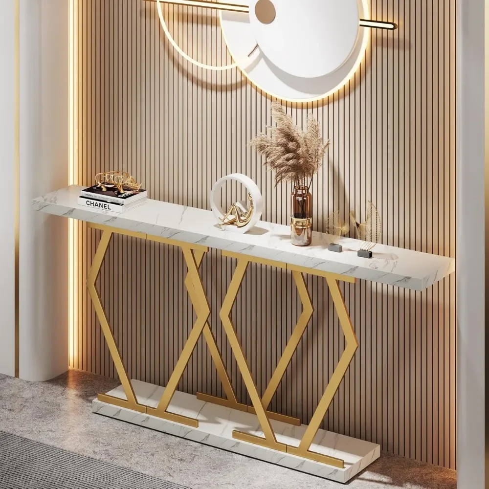 70.9 Inch Extra Long Sofa Table White and Gold Console Table with Faux Marble Tabletop,Modern Long Entryway Table Gold Frame 6