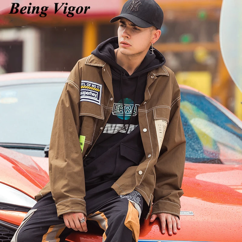 

Being Vigor Street Spring Autumn Printed Mens Shirt Jacket Lightweight Windbreaker Casual Varsity Blazer Jacket chaquetas hombre