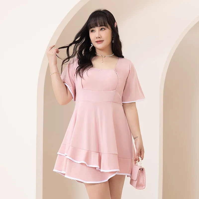 

Ladies Short Sleeve Swimsuit Swimwear Women Plus Size One Piece Skirt Bathing Suit Pure Color Tummy Control Swim Wear