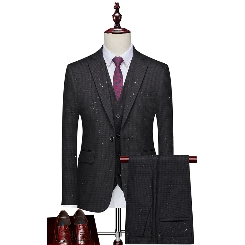 (Blazer+ Vest + Trousers)New men's jacquard sets three-piece wedding business banquet casual simple Slim fashion elegant suits