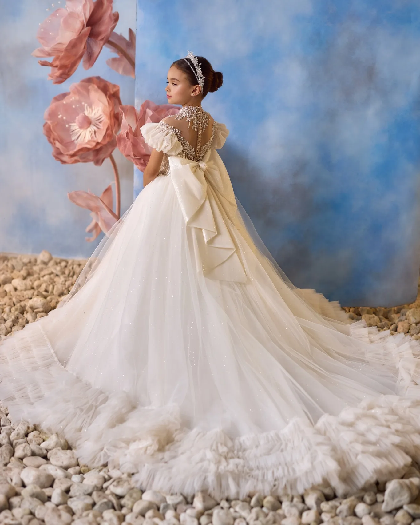 Customized Ivory Flower Girl Dress For Wedding Floor Length With Bow Short Sleeves Kid Birthday Party First Communion Ball Gown 5