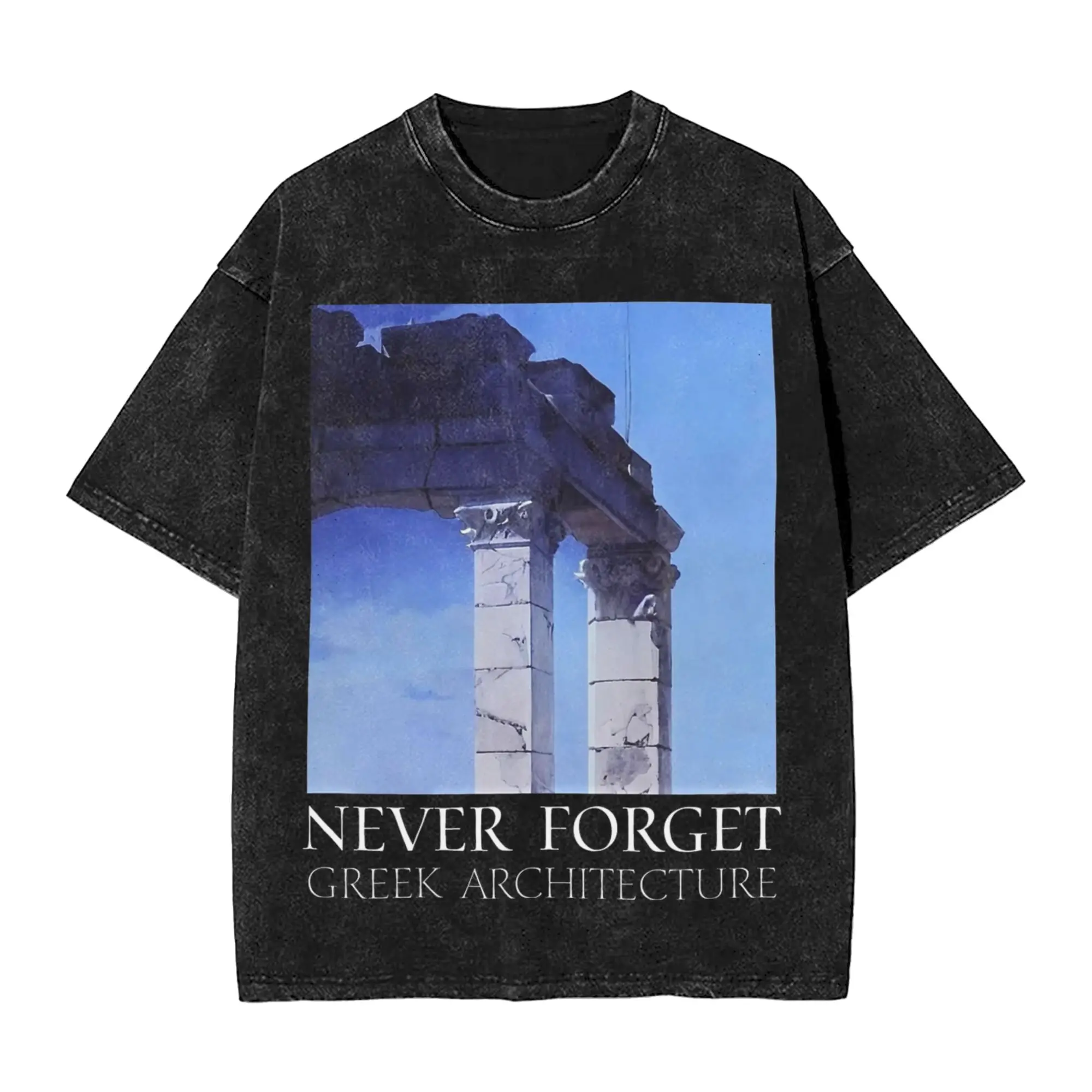 Never Forget Greek Architecture Herren-T-Shirts, gewaschen, tolle T-Shirts, kurzärmelige T-Shirts mit Rundhalsausschnitt, reine Baumwolle, Kleidung in Übergröße