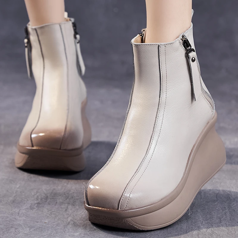 

GKTINOO Genuine Leather Women Boots Retro Shoes 2023 New Autumn Winter Round Toe Double Zipper Handmade Concise Platform Boots