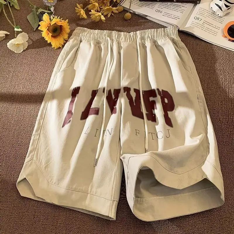 New Elastic Waist Solid Color Letter Printing Straight Cylinder Summer Youth Men Popular Fashion High Street Casual Loose Shorts