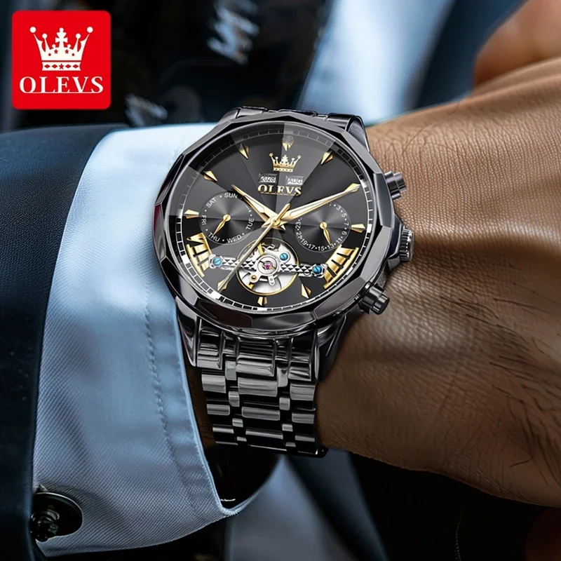 OLEVSBrand Skeleton Waterproof Men's automatic Mechanical Watch Prismatic Dial Stainless steel Luminous Male Wristwatch 6619