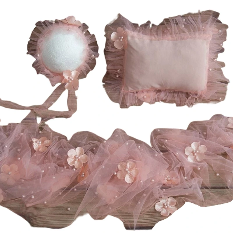 Upgrade Newborn Baby Photo Shoot Props Outfits Photography Props Includes Pearl-gauze Lace-hat Pillow for Boys Girls