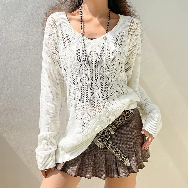 Womens Knit Top Long Sleeve Crochet Hollow Out V Neck Sweater