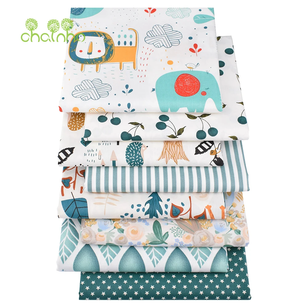 Chainho,Printed Twill Weave Cotton Fabric,DIY Sewing Quilting Material,Patchwork Cloth,Green Cartoon,2 Sizes,15C343