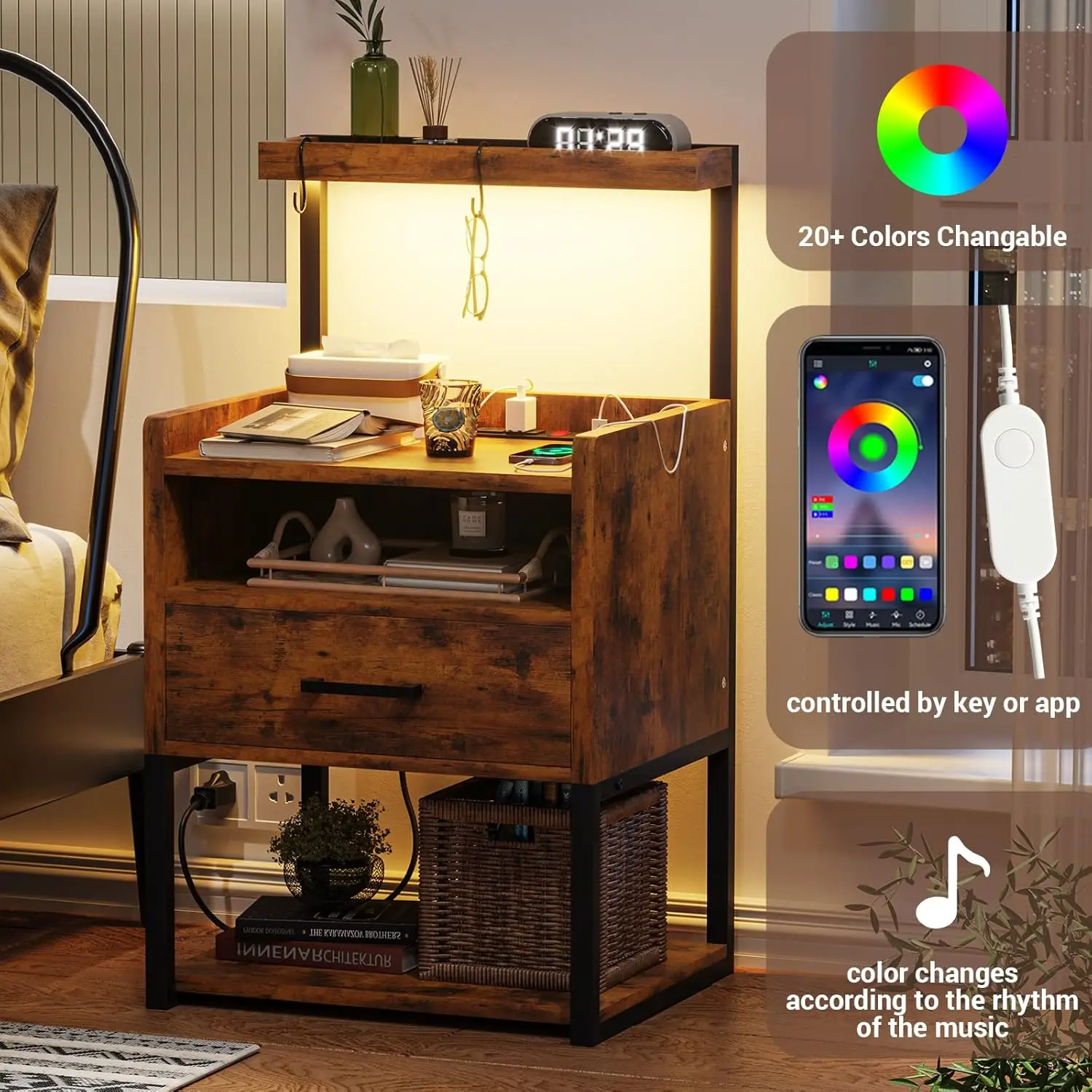 Nightstand Set of 2 with Charging Station, Rustic Brown Night Stands for Bedroom Set of 2, Bedside Table with Storage D