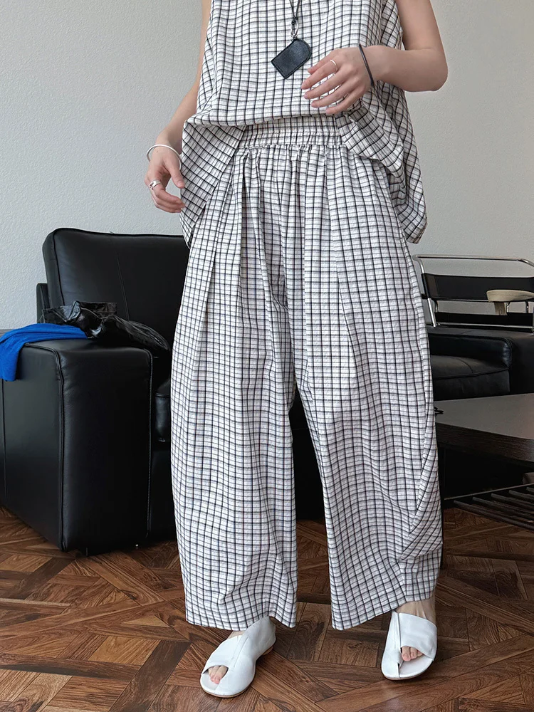 [EAM] High Elastic Waist Blue Plaid Brief Casual Wide Leg Pants New Trousers Women Fashion Tide Spring Autumn 2026 1DJ0747
