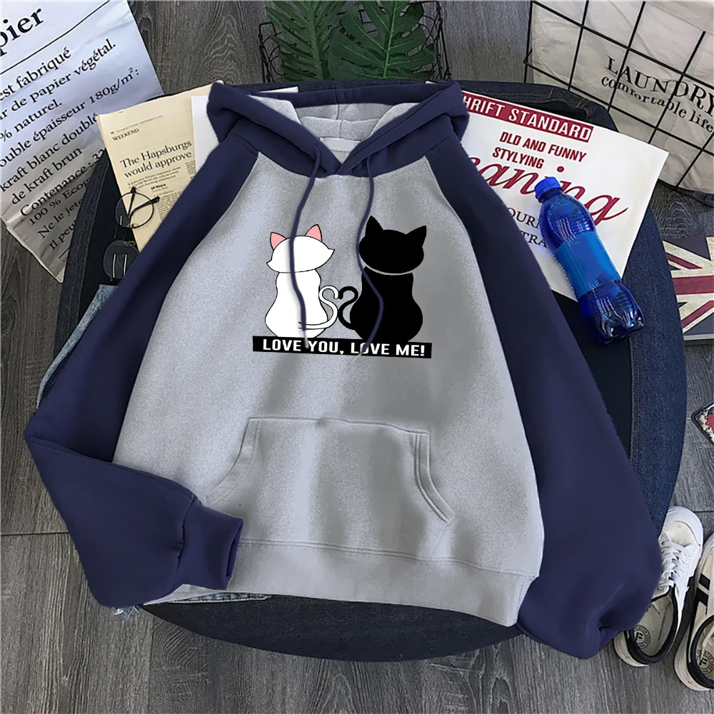 

Love You Love Me Black And White Cats Print Hoodies Casual Crewneck Clothes New Raglan Sweatshirts Fashion Hip Hop Womens Hooded