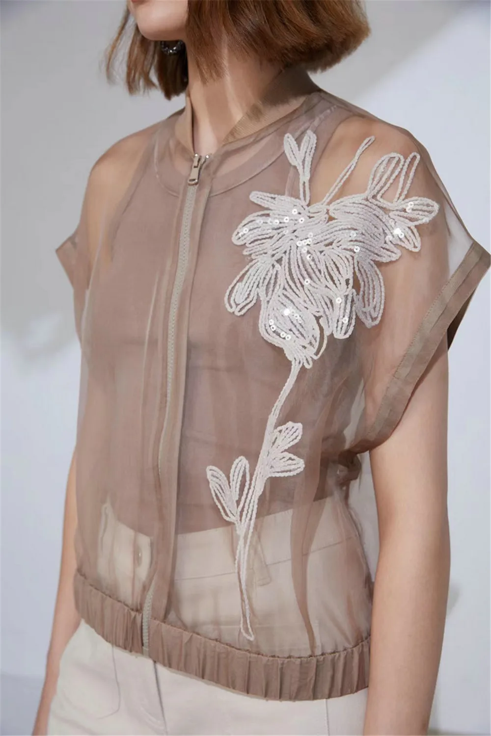 

B*C Women's Embroide Sleeveless Top Silk Zips Casual Jacket Vest Shoulders Shirt Summer Thin