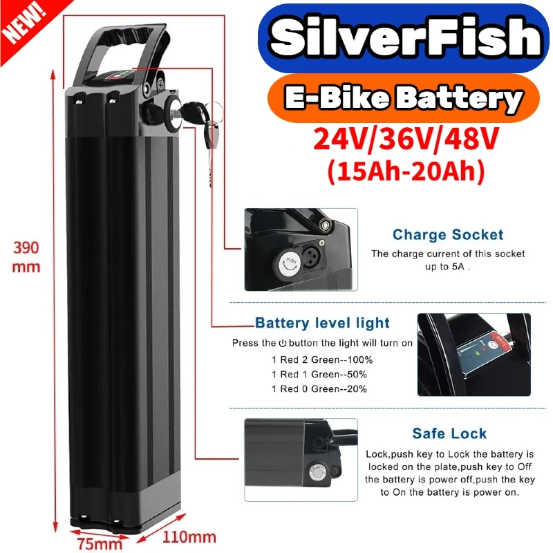 

NEW 36V/48V 15Ah-20Ah Silver fish battery for 300W 500W 750W 1000W Motor Bike Lithium battery replacement