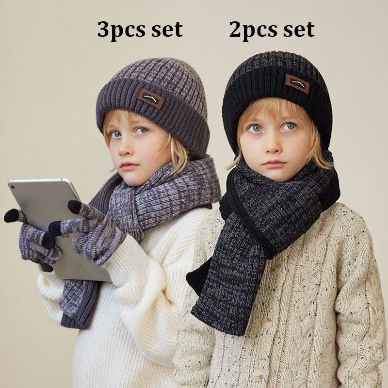 

Children Boys Winter Hat Scarf Gloves Set 3pcs 2pcs Beanies Long Scarves Thick Plush Fleece Lined Winter Cap Kids Outdoor