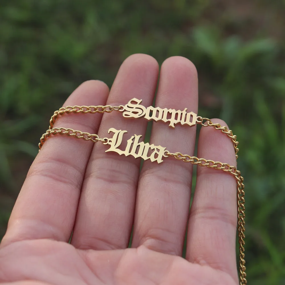 Old English Zodiac Sign Bracelet Stainless Steel Jewelry Libra Aries