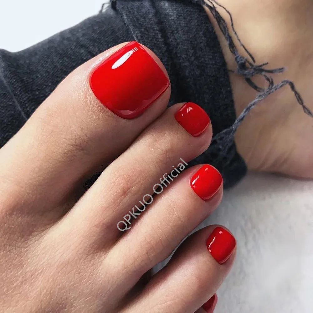 28Pcs Glossy Artificial Fake Toe Nails With Jelly Glue Sticker Deep Red