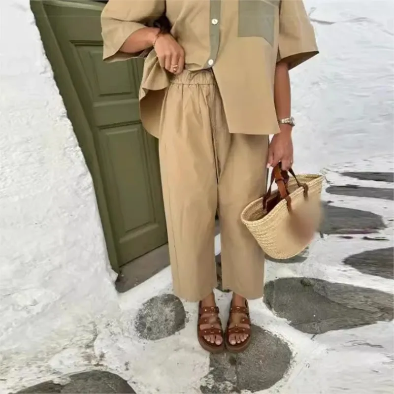 Women Color Matching Shirt Pants Suit Chic Lapel Loose Half Sleeved Blouse Straight Trousers 2 Piece Set Casual Lady Outfits New