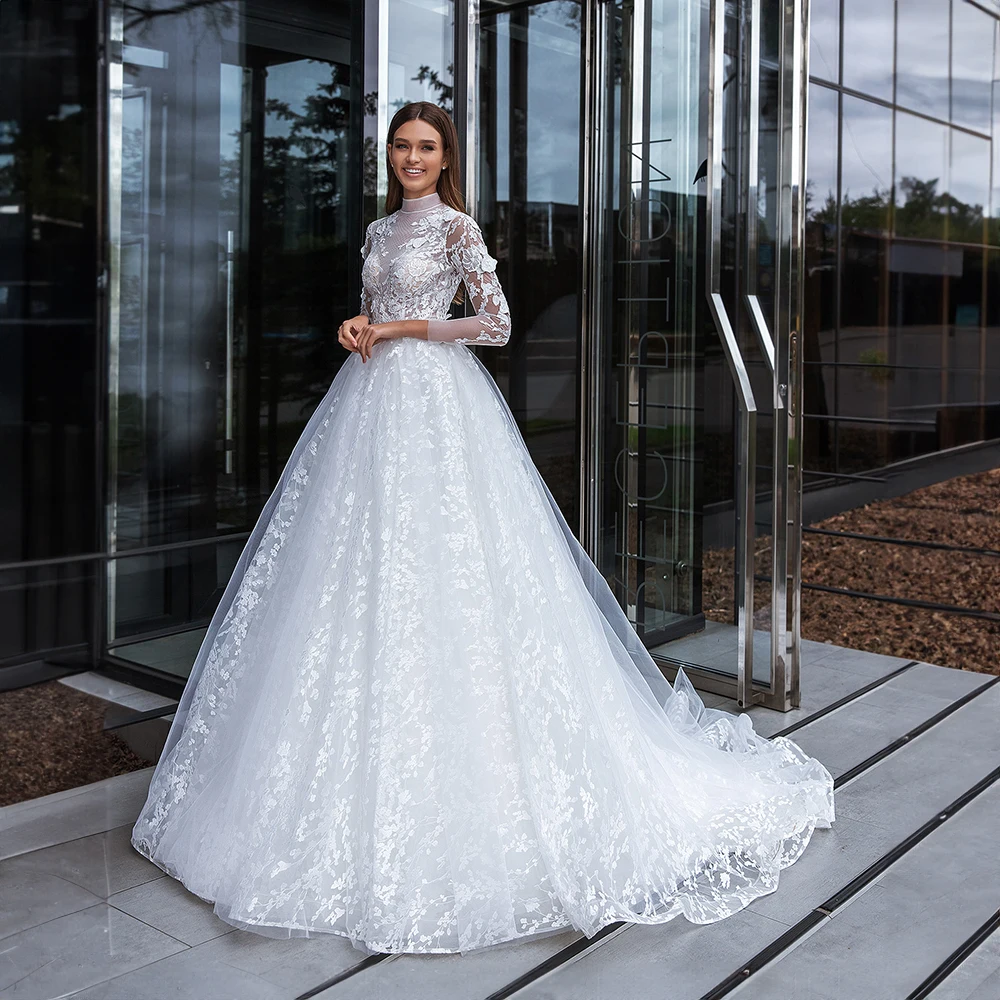 

Luxury High Neck Appliques Lace Tulle Wedding Dress for Women Ball Gown Court Long Illusion Sleeve Wedding Party Gown