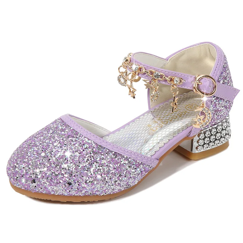 

Сандалии для девочек, дышащие Нескользящие туфли принцессы на высоком каблуке, с металлической цепочкой и кристаллами, обувь для выступлений и танцев, лето