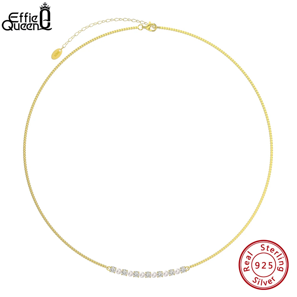 

EFFIE QUEEN Italian 925 Sterling Silver Box Chain Necklace with Natural Pearls for Women Pearl Choker Chain Party Jewelry GPN39