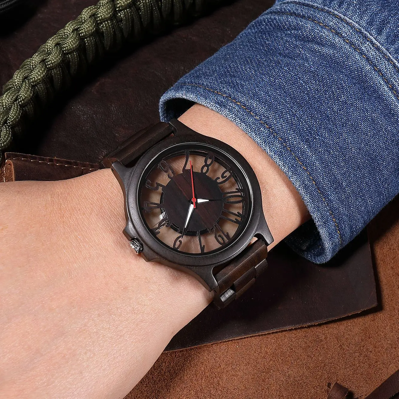 Chic Transparent Hollow Arabic Numerals Dial Quartz Wooden Men Watch Quartz Movement Vintage Natural Full Wooden Watch Band