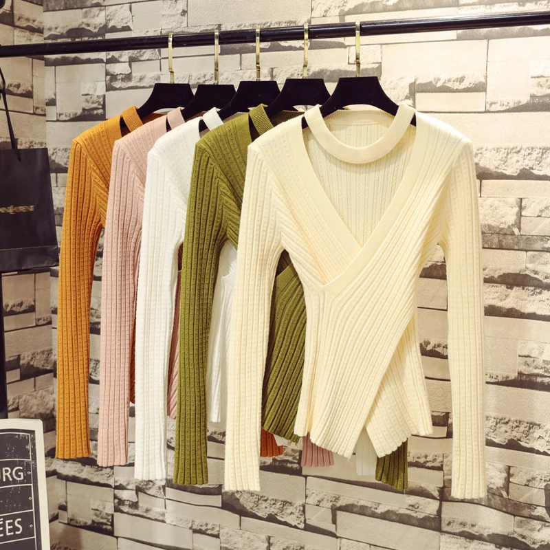 

cross V-neck knitwear tops women's hollow irregular sweater women sexy wrap sweaters sueter mujer