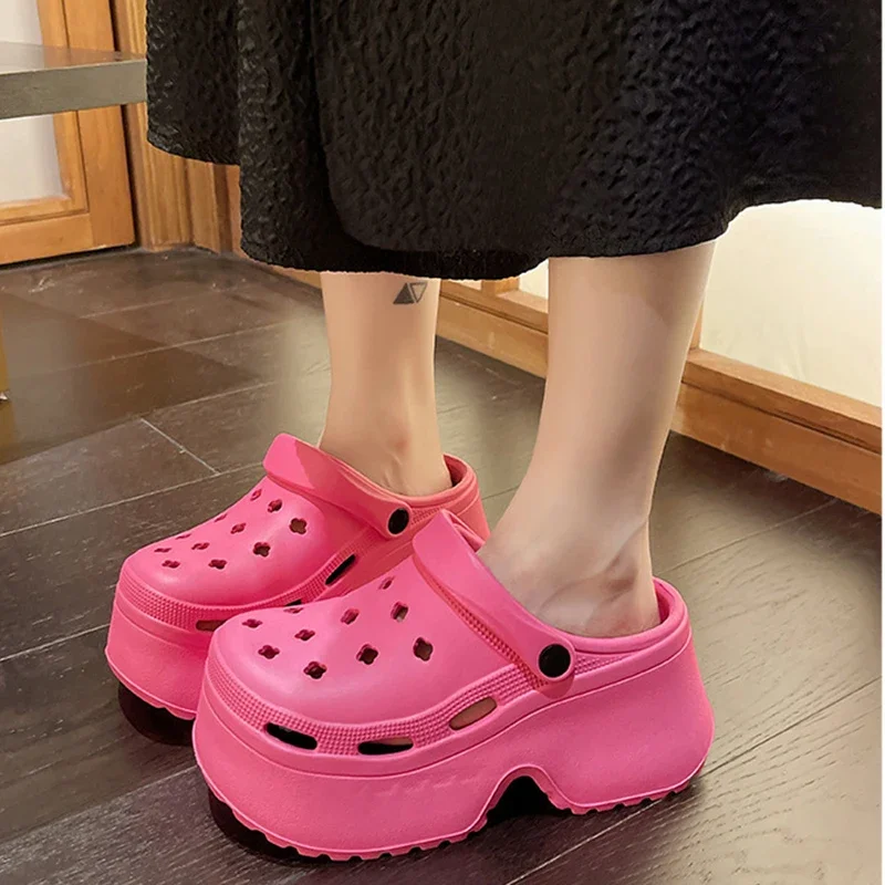 9CM Thick Sole Slippers 2024 Summer Women's Hole Shoes Outdoor Wear High Heels Sandals Fashionable Solid Colors EVA Garden Shoes 6